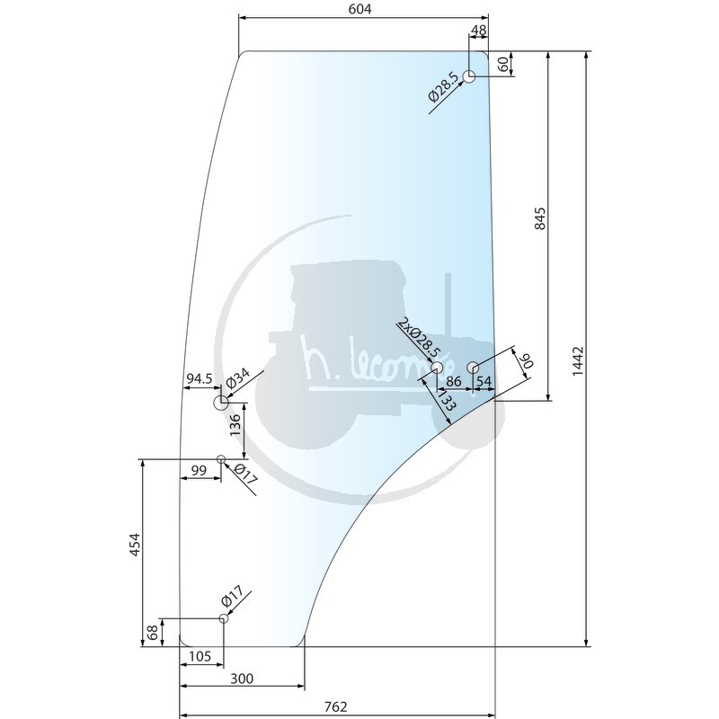 Vitre de porte gauche teintée vert pour tracteurs John Deere