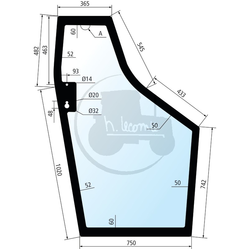 Vitre de porte gauche à coller transparente pour tracteurs Massey-Ferguson