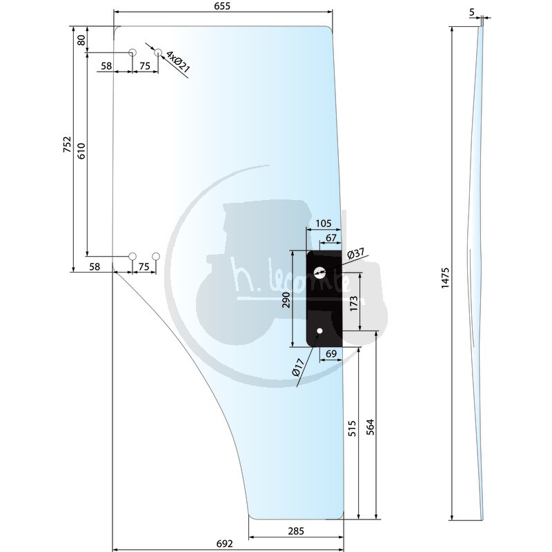 Vitre de porte gauche teintée vert pour tracteurs John Deere