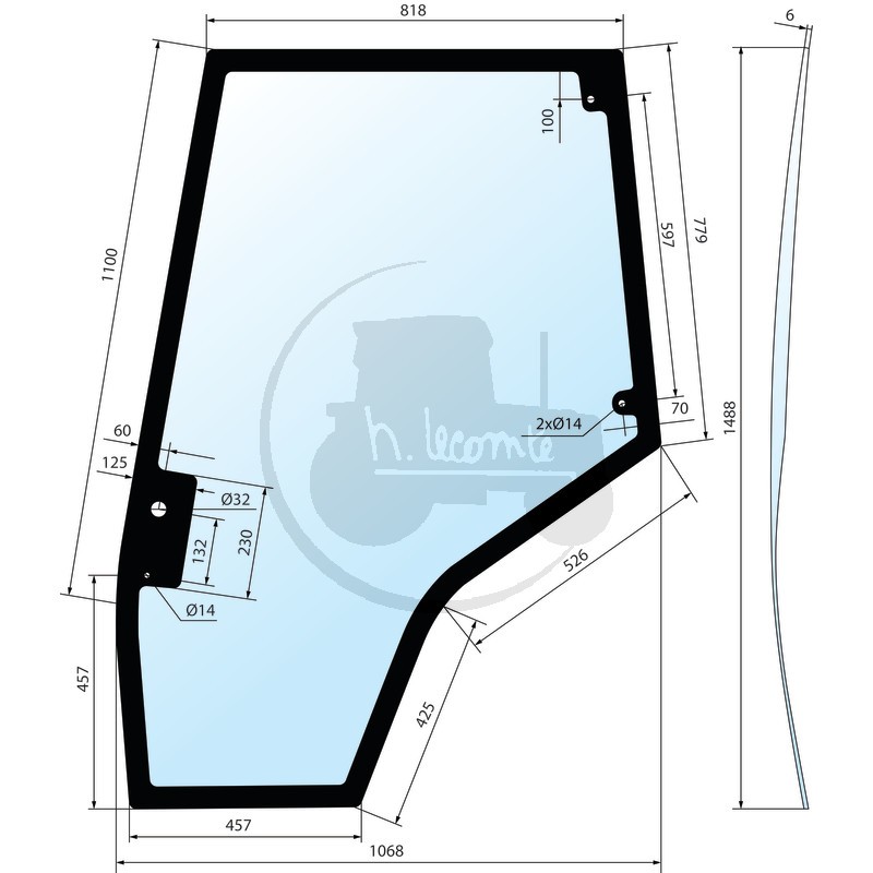 Vitre de porte droite teintée gris pour tracteurs Massey-Ferguson