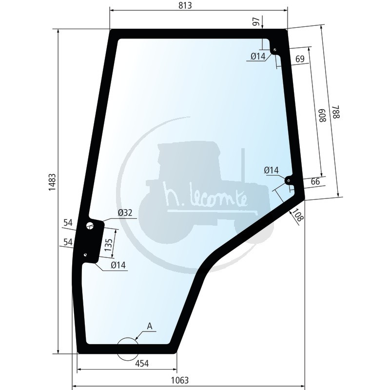 Vitre de porte gauche teintée gris pour tracteurs Massey-Ferguson