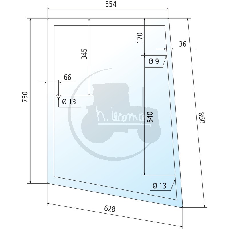 Vitre de coin arrière gauche teintée vert pour tracteurs Massey-Ferguson