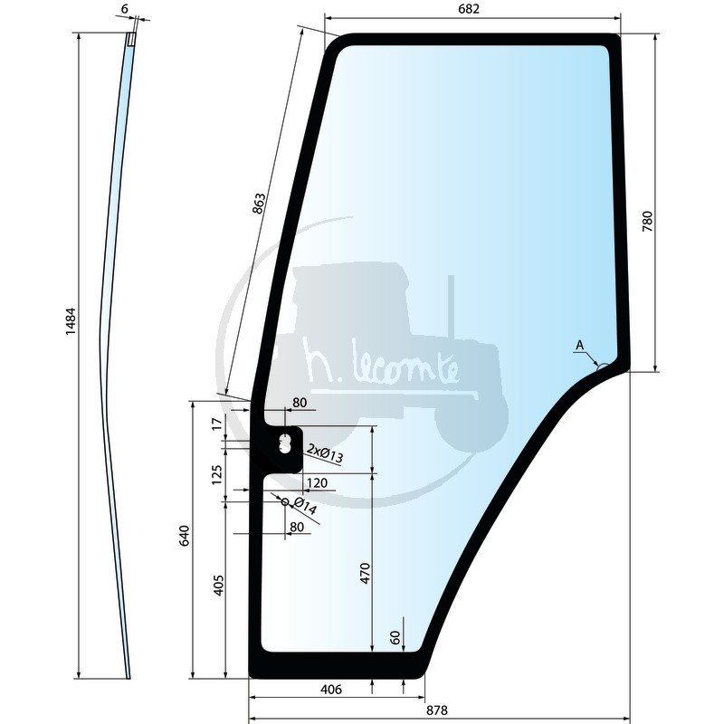 Vitre de porte droite teintée vert pour tracteurs Fiat Someca, Ford, New Holland