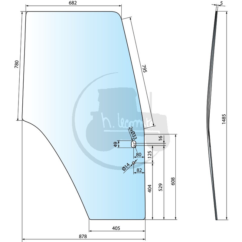 Vitre de porte gauche bombée teintée vert pour tracteurs Fiat Someca, Ford, New Holland