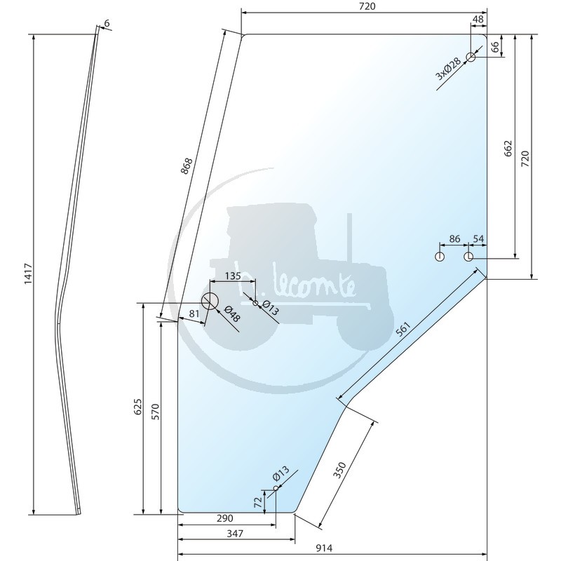 Vitre de porte gauche transparente série 3200-4200 pour tracteurs Case IH
