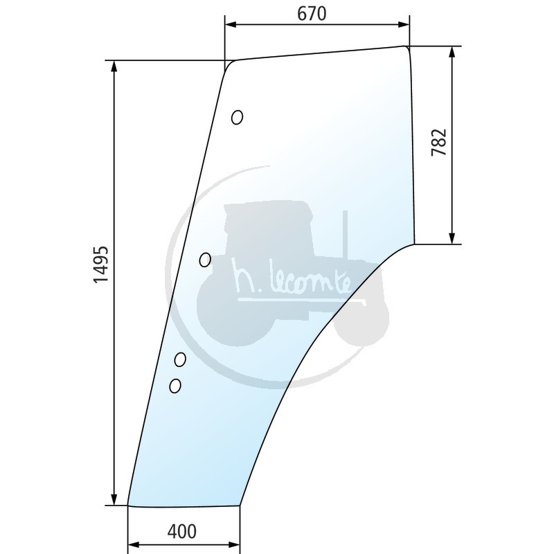 Vitre de porte gauche teintée vert pour tracteurs Fiat Someca, Ford et New Holland (jusqu’en 02/1996)
